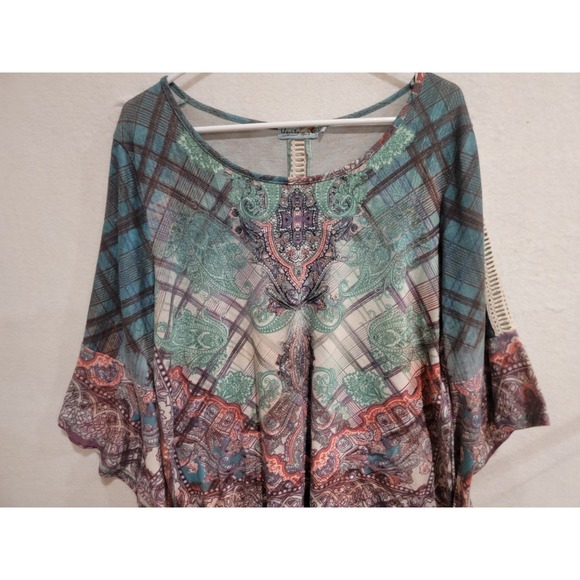 Unity World Wear Woman Top 1X Plus Paisley Boho Crochet Ladder Back 3/4 Sleeve - Picture 2 of 11